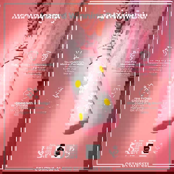 A pink, daisy-patterned stainless steel water bottle is being held; it features a hide-away handle, hygiene cover, and wide mouth. The bottle is an award-winning design.