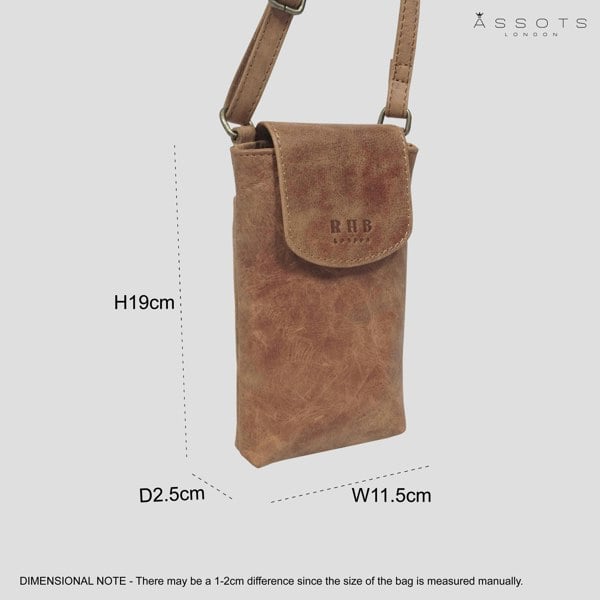 Real Hide Bags 'THEA' Tan Distressed Real Leather Mobile Phone Crossbody Bag