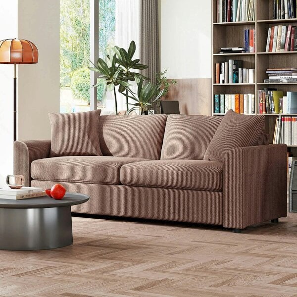 Bobobiy Modern 3 Seater Sofa with Spring Cushion, 212 cm Fabric Jumbo Cord Sofa Couch with 2 Scatter Cushions, Upholstered Corduroy Settee, Coffee