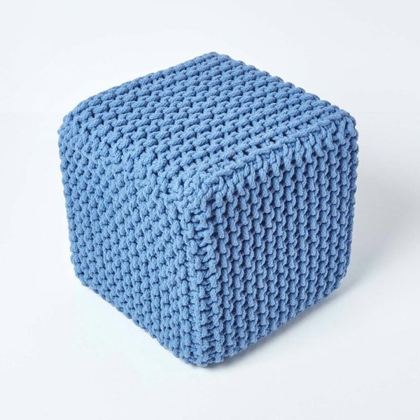 HOMESCAPES Cube Cotton Knitted Pouffe Footstool Bean Filled Hand Knitted