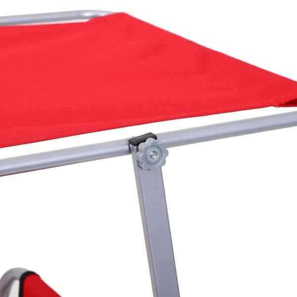 Red padded sun lounger seat close-up with locking knob and silver metal frame