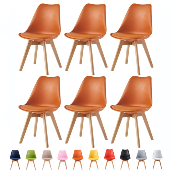 Set of 6 Dining Chairs with Solid Wooden Legs and Seat Cushion Pads Eva - Orange