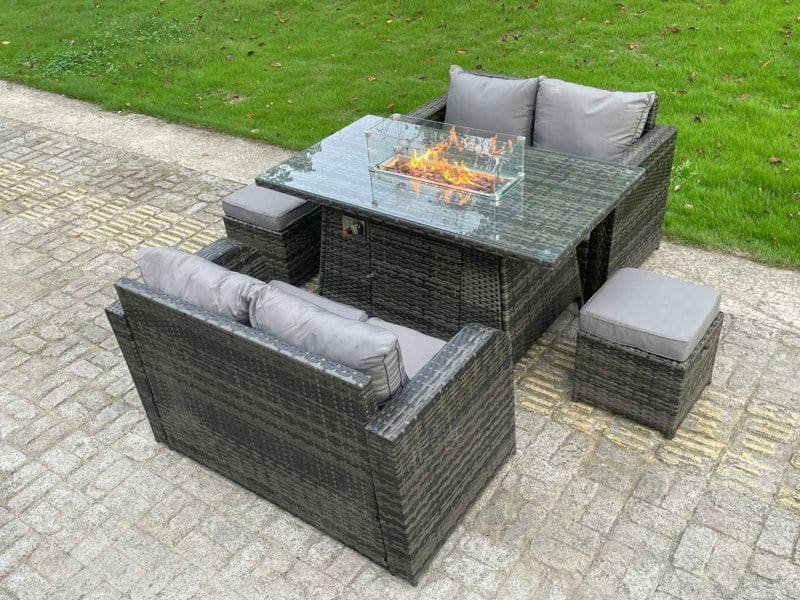 Fimous Rattan Outdoor Furniture Gas Fire Pit Rectangle Dining Table Gas Heater Love Sofa Small Footstools Sets 6 Seater