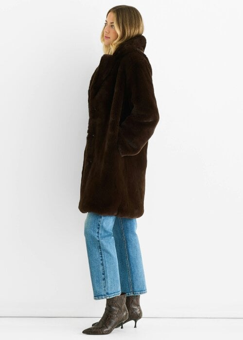 Gini London Chocolate Faux Fur Lapel Collar Longline Coat