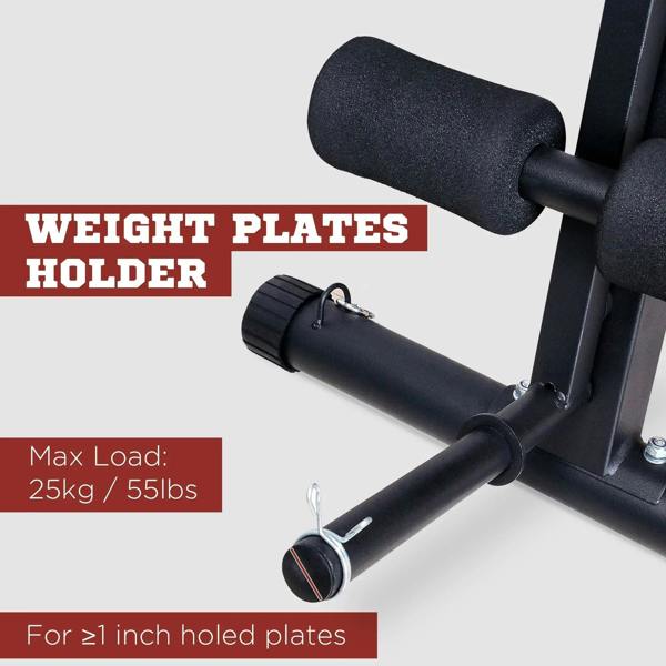 Weight plate holder on adjustable bench frame with black pads and red-trim accents