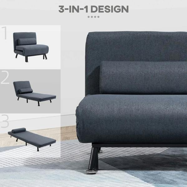 Dark grey 3-in-1 convertible sleeper chair with cushioned backrest and pillow