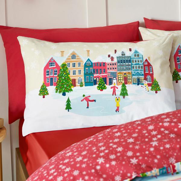 Catherine Lansfield Christmas Town Stamps Reversible Duvet Cover Set Natural