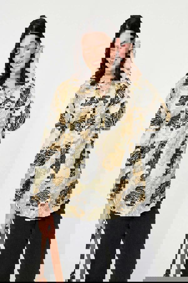 Green | Curve Paisley Print Turn-Up Sleeve Shirt