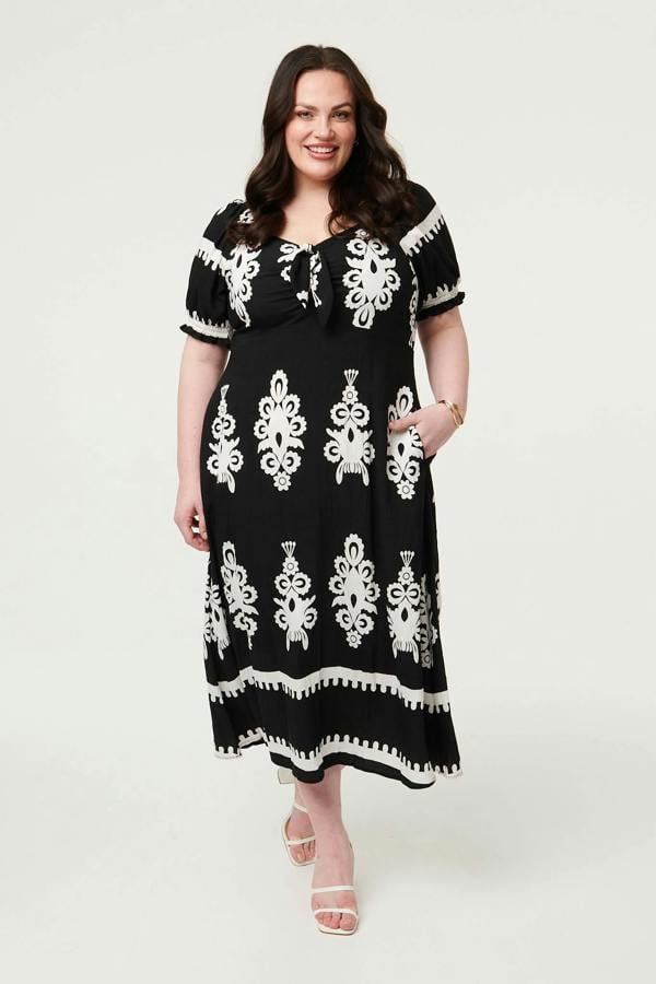 Black | Curve Printed Puff Sleeve Tie Midi Dress
