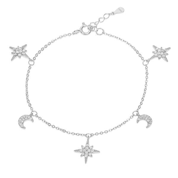 namana Dainty Moon and Star Charm Bracelet in 925 Sterling Silver For Women
