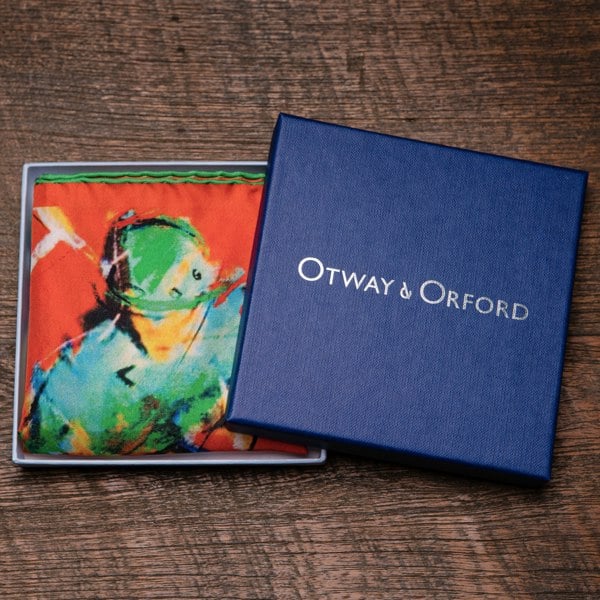 Polo silk pocket square in red by Otway & Orford in gift box