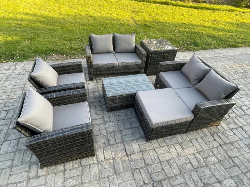 Fimous 7-Piece Rattan Garden Furniture Set - Dark Grey Mixed Outdoor Patio Sofa Chair Set with Coffee Table & Big Footstool