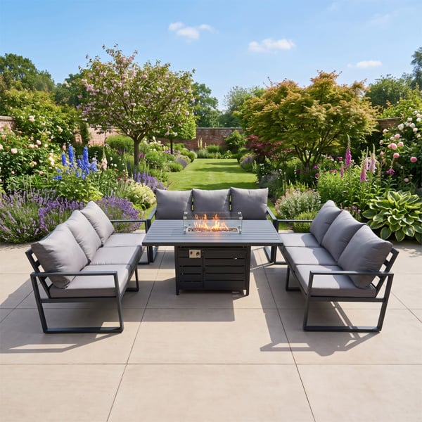 Fimous Aluminium 9 Seater Garden Furniture Set with 3 Sofas and Gas Fire Pit Dining Table - Dark Grey
