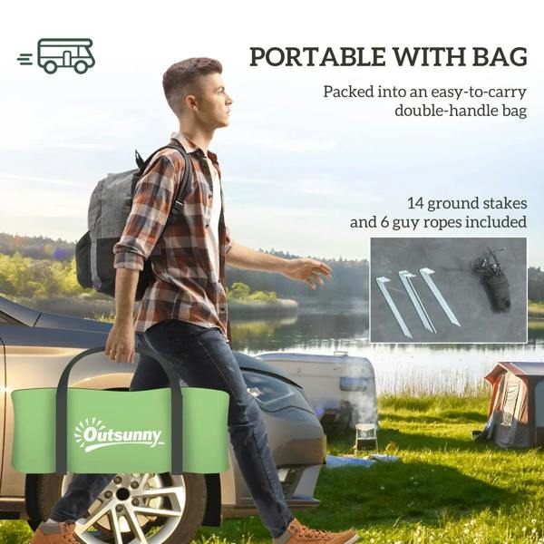 Green tunnel tent packed in a double-handle bag with stakes and guy ropes included