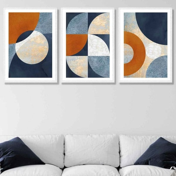 Artze Wall Art Abstract GEOMETRIC Set of 3 Navy Blue Orange and Gold Framed Art Prints