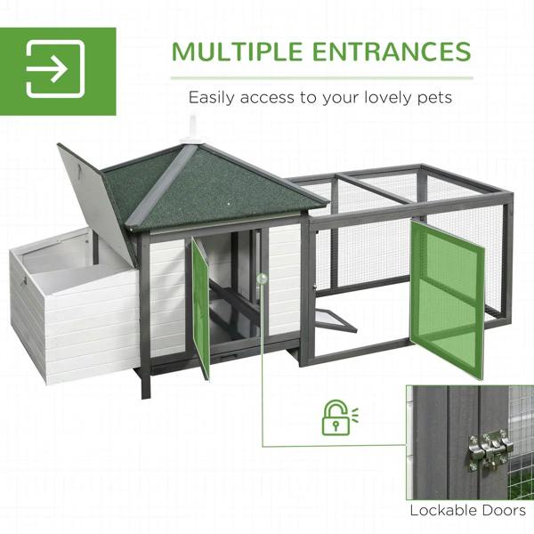 Grey chicken coop with open nesting box door and fenced run entrance with lockable door.