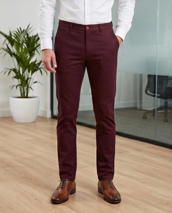 Person wearing maroon pants and brown shoes in an office setting
