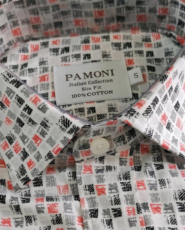 Pamoni Textured Grid Print Short-Sleeve Cotton Shirt