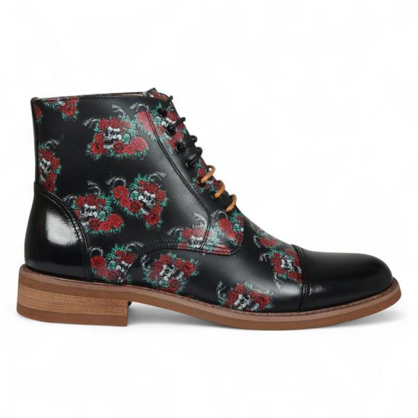 Justin Reess Men's Black Floral Leather Oxford Ankle Boots - Adam Skull