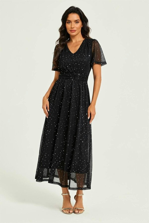FS Collection Silver Sequin Pleated Ruched Waist Midi Dress Black