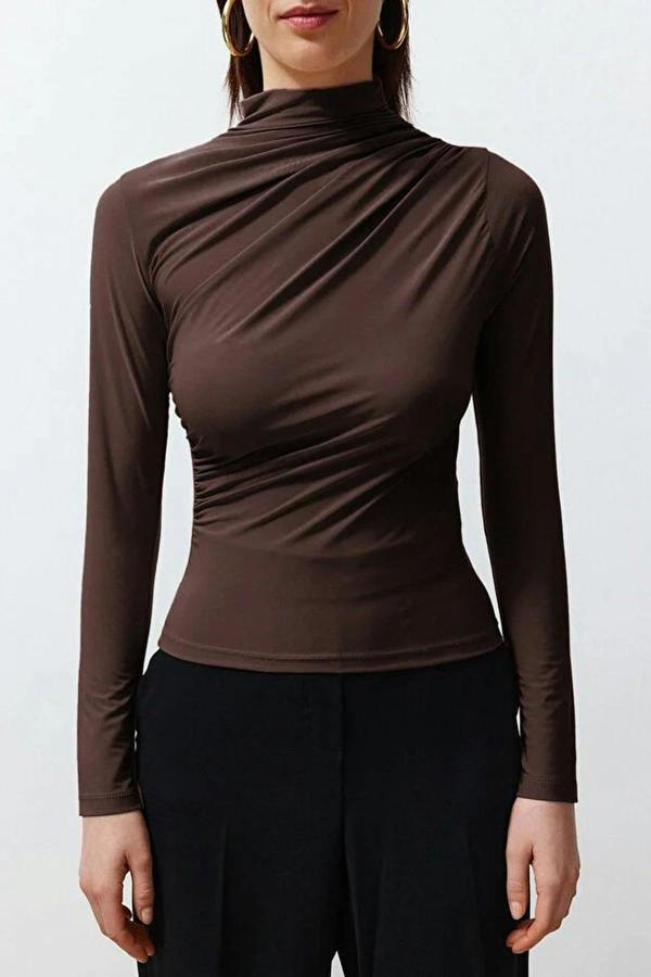 WOVCOR Draped High Neck Long Sleeve Blouse