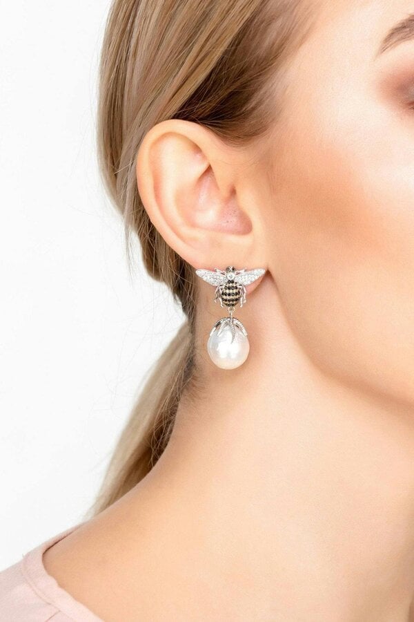 Latelita Baroque Pearl Honey Bee Drop Earrings Silver