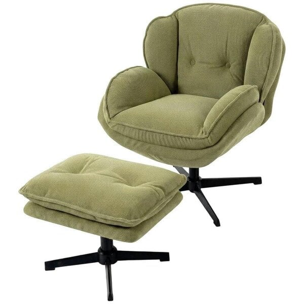 Armchair with Adjustable Footstool, 360-Degree Swivel Chenille Cloud Accent Chair with Thick Cushion, Steel Base, Green