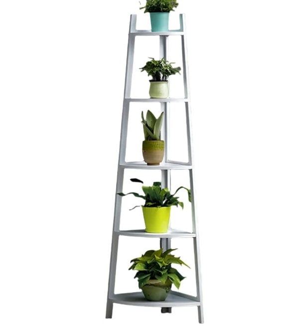 Modcraft 5-Tier White Corner Ladder Shelf – Modern Display Stand for Plants & Home Decor