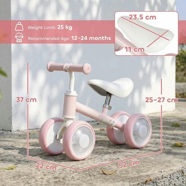Baby Balance Bike for 1-2 Years Old, Light-up Toddler Balance Bike with Adjustable Seat, 4 Silent EVA Wheels, Pink