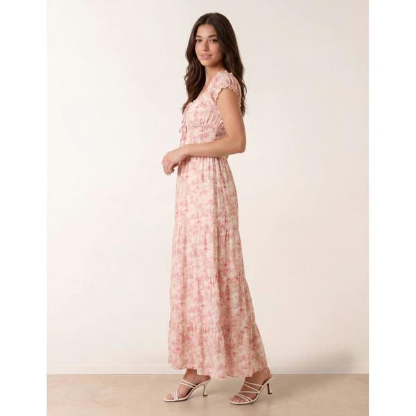 Blue Vanilla Double Front Tie Shirred Ditsy Floral Maxi Dress