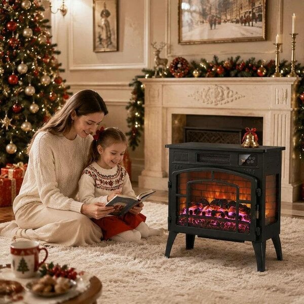 Smart Electric Fireplace Stove Log Burner, 3-Sided Glass WiFi Electric Fire Heater w/ 5-Colour Flame, Black