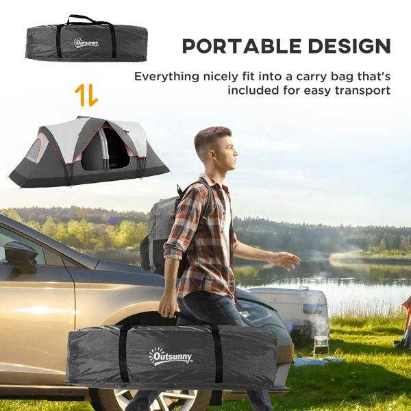 Grey camping tent with included carry bag, portable setup for outdoor trips