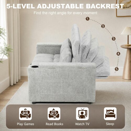 HOMCOM 2 Seater Sofa Bed with USB Port, Armrest Storage, Side Pockets, Grey