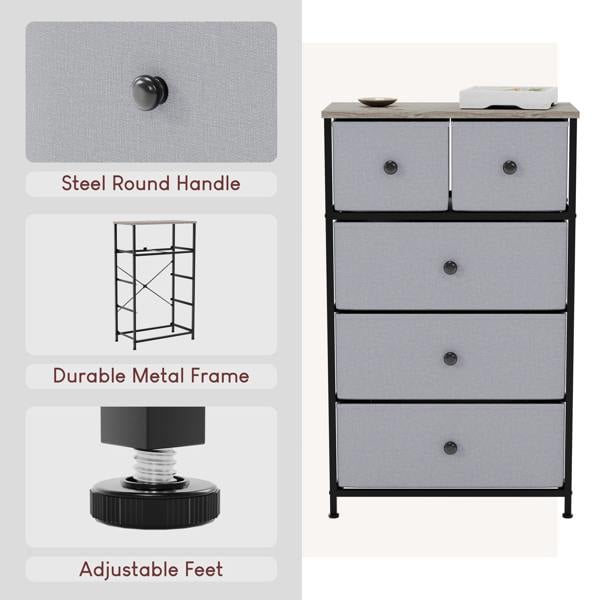 Vida Designs Chorley 5 Drawer Fabric Drawer Chest, Beige & Grey Wood