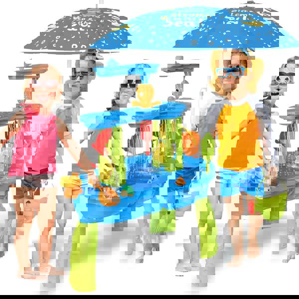 deAO Toys deAO Kids 3-Tier Water and Sand Play Table with Shade Umbrella – Outdoor Activity Set with Water Wheels