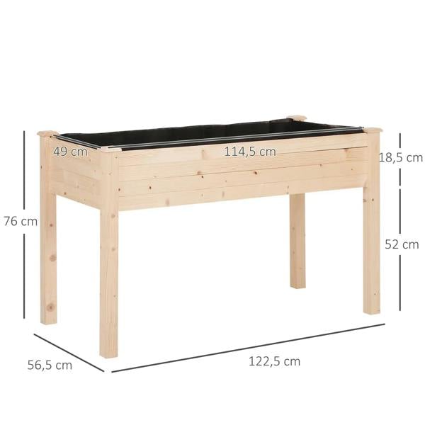 Rectangular wooden raised bed planter with dark liner and sturdy legs, measured frame