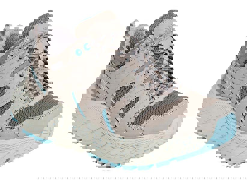 Karrimor Kestrel Womens Casual Walking Trail Hiking Outdoor Trainers, beige and brown outdoor sneakers with blue accents, lace-up design, and rugged sole for outdoor activities.