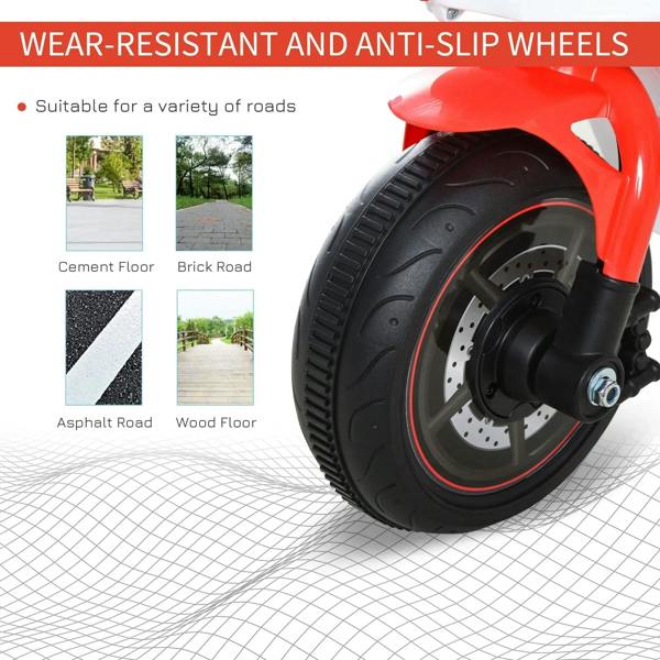 Front wheel of a white and red 3-wheel ride-on police bike with anti-slip tire tread