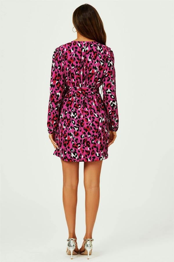 FS Collection Leopard Print Wrap Top Mini Dress In Magenta