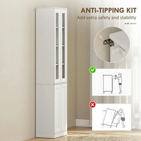 Tall Bathroom Storage Cabinet, 6-Tier Slim Bathroom Cabinet with Adjustable Shelf, 4 Soft-Close Doors, White