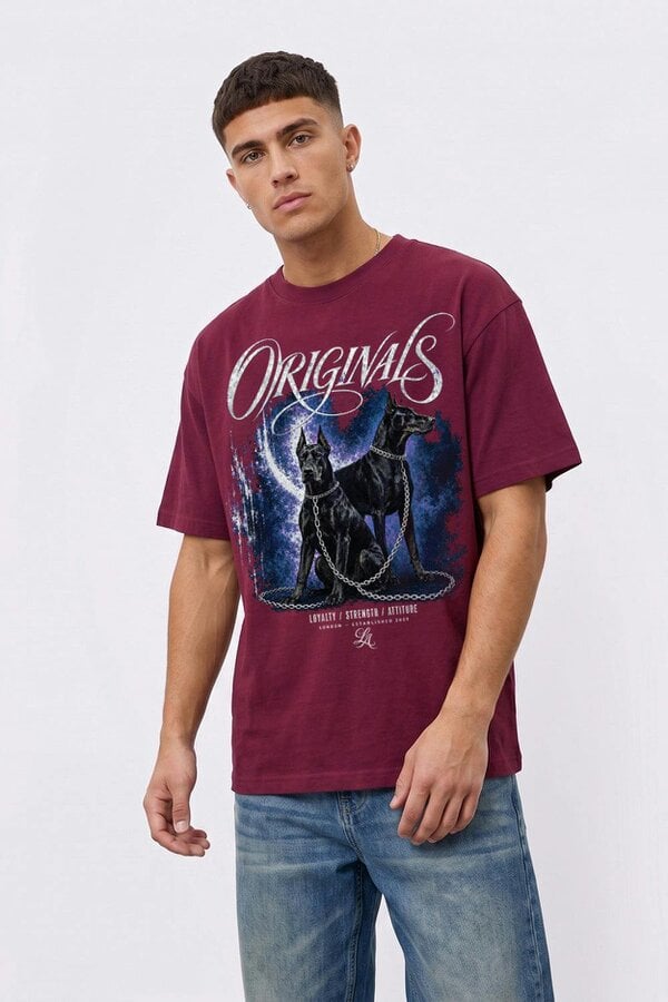 London Attitude Doberman Oversized Heavyweight Graphic T-Shirt - Garnet