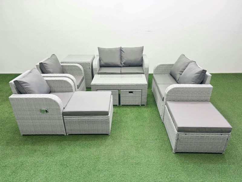 Fimous PE Wicker Rattan Furniture Sofa Sets with Oblong Coffee Table Love Sofa Reclining Chair 4 Stools Side Table Light Grey Mixed