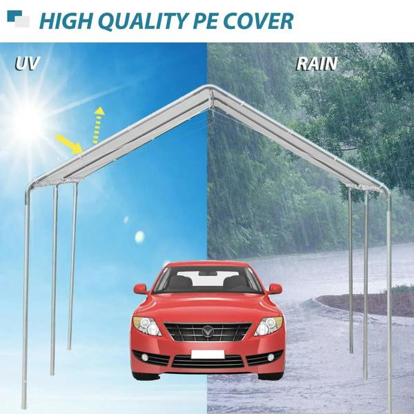 White open carport canopy tent with UV and rain coverage shown over a vehicle