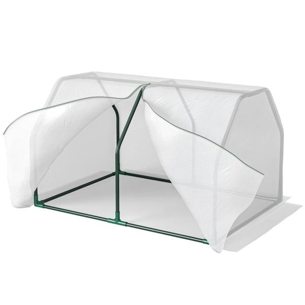 Mini greenhouse with white mesh cover and green steel frame, end door partially open