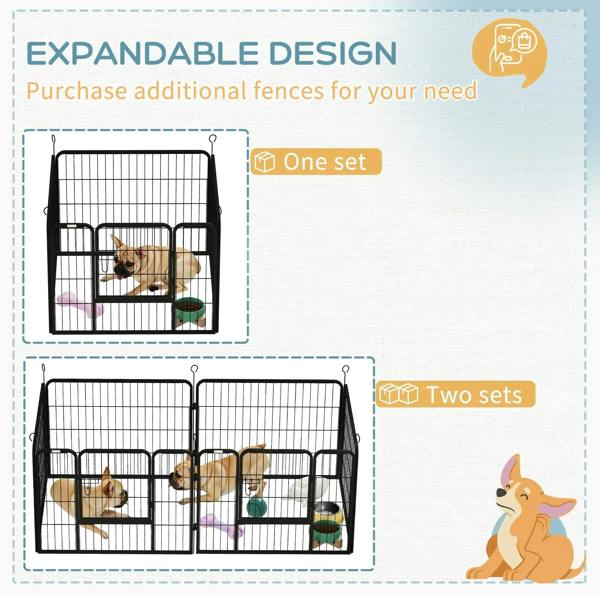 Grey expandable dog playpen diagram showing single and double set fence layouts