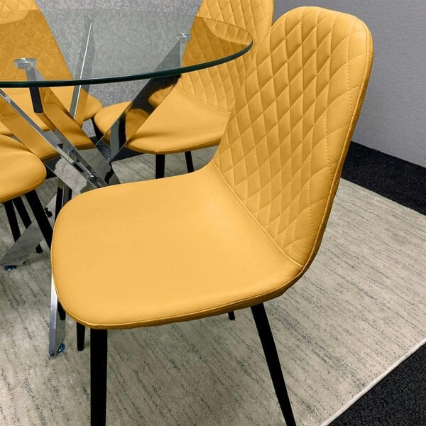 Kosy Koala Round Glass Dining Table Set With 4 Mustard Gem Pattern Chairs Dining Room Furniture