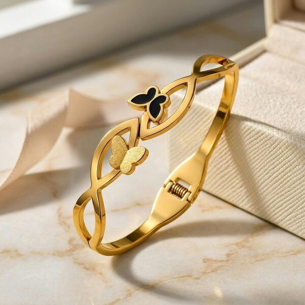 The Colourful Aura 18ct Gold Plated Black Butterfly Infinity Cut Out Spring Hinged Bangle Bracelet