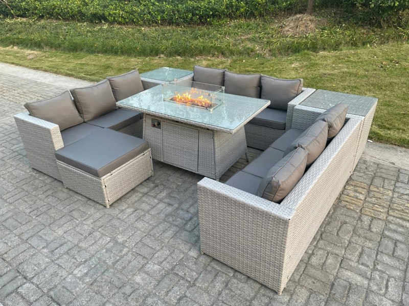 Fimous Rattan Outdoor Garden Furniture Set with Gas Fire pit Burner, 3 Sofas, 2 Side Tables,  1 Footstool - 10 Seater - Light Grey