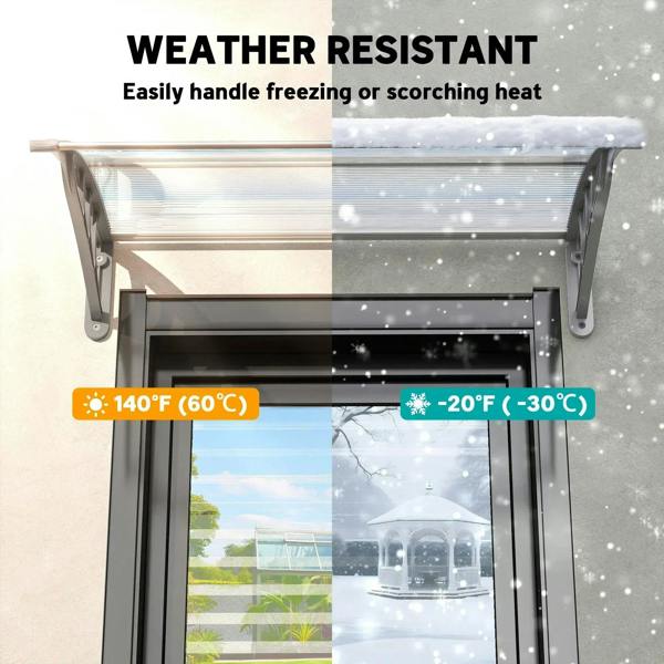 Clear arched door canopy with transparent ridged panel and wide metal mounting arms