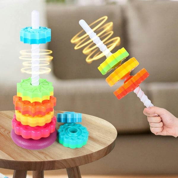 deAO Toys Rainbow Stacking Tower Toy for Toddlers, Colorful Educational Spiral Gears with Rotating Base, Soft and Safe Material